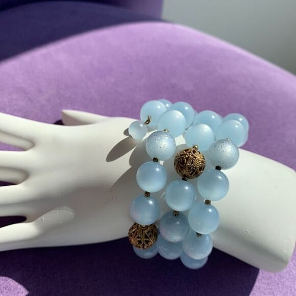 Blue moon glow lucite and gold filagree beaded wrap large bracelet - Picture 1 of 2
